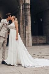 Long White Beach Wedding Dress A Line Lace Chiffon Sleeveless Backless Bridal Gown