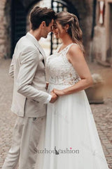 Long White Beach Wedding Dress A Line Lace Chiffon Sleeveless Backless Bridal Gown