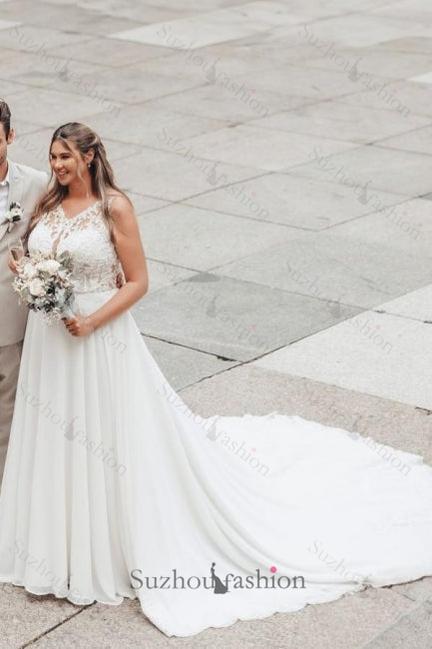 Long White Beach Wedding Dress A Line Lace Chiffon Sleeveless Backless Bridal Gown