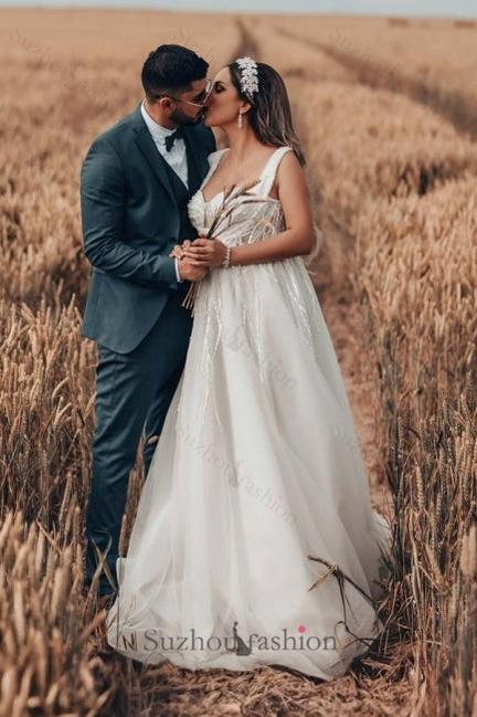 Long White Beach Wedding Dress A Line Tulle Sleeveless Bridal Gown With Lace