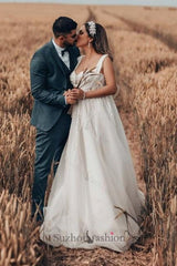 Long White Beach Wedding Dress A Line Tulle Sleeveless Bridal Gown With Lace