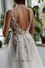 Long White Beach Wedding Dress A Line V Neck Lace Glitter Backless Bridal Gown With Slit
