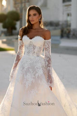 Long White Wedding Dress A Line Off The Shoulder Lace Bridal Gown With Long Sleeves