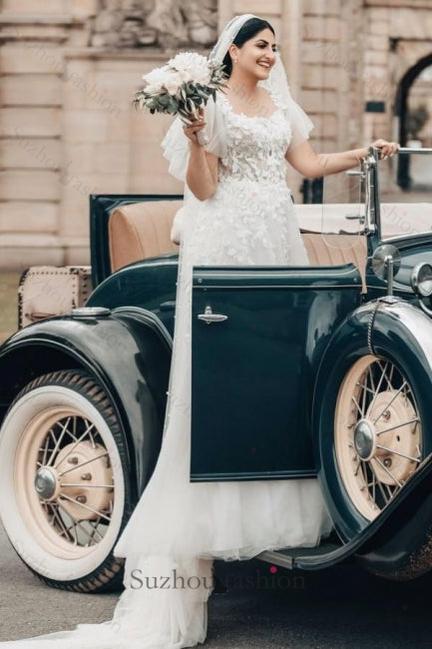 Long White Wedding Dress A Line Square Neck Tulle Lace Bridal Gown With Short Sleeves