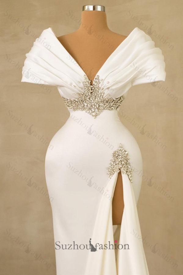 Long White Wedding Dress Mermaid Off The Shoulder Jewels Bridal Gown With Slit