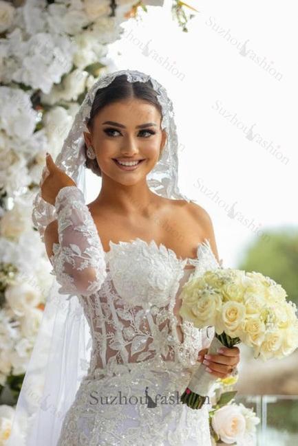 Long White Wedding Dress Mermaid Off The Shoulder Lace Glitter Bridal Gown With Long Sleeves