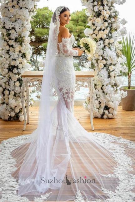 Long White Wedding Dress Mermaid Off The Shoulder Lace Glitter Bridal Gown With Long Sleeves