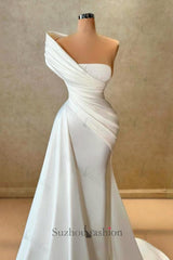 Long White Wedding Dress Mermaid One Shoulder Satin Sleeveless Bridal Gown