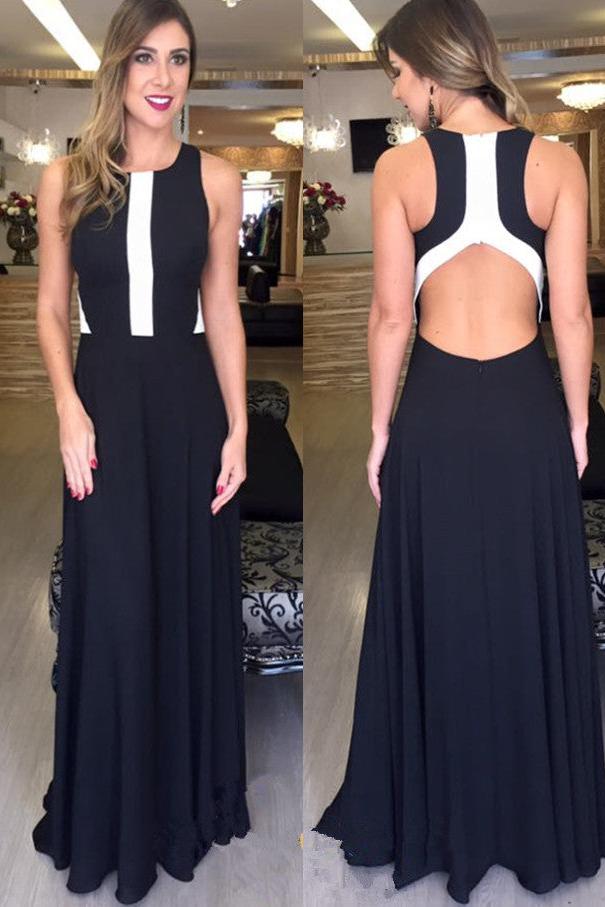 Long Zipper A-line Chiffon Black Elegant Sleeveless Prom Dresses