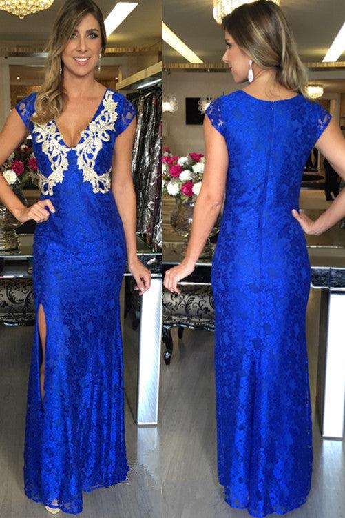 Long Zipper Royal-Blue Split Mermaid Applique V-Neck Sexy Prom Dresses