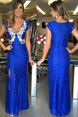 Long Zipper Royal-Blue Split Mermaid Applique V-Neck Sexy Prom Dresses