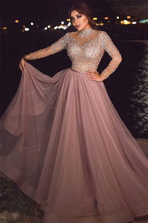 Long-sleeve A-line Crystal Pink High-neck Beading Prom Dress