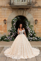 Long Sleeves Wedding Dress Off the Shoulder Ball Gown Ivory Formal Dress with 3D Flowers