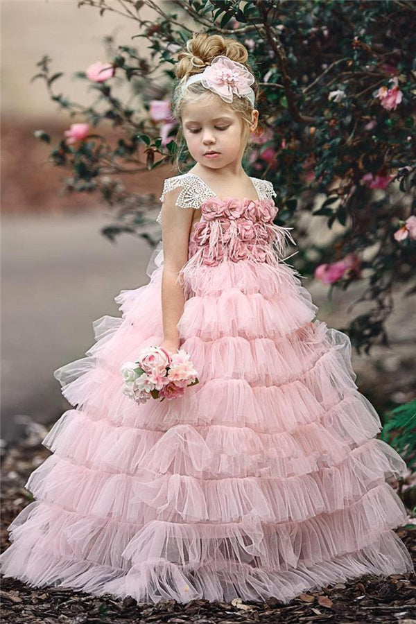 Lovely Pink Tulle Flower Girls Dresses | Flowers Cute Girls Pageant Dresses