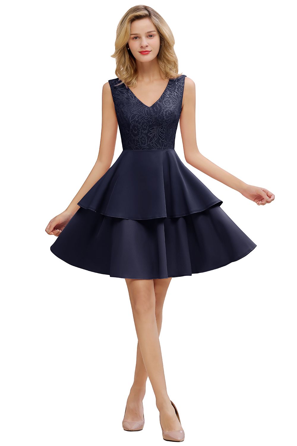 Lovely Sleeveless Lace Short Cocktail Dresses Mini Party Gowns With Two Layers