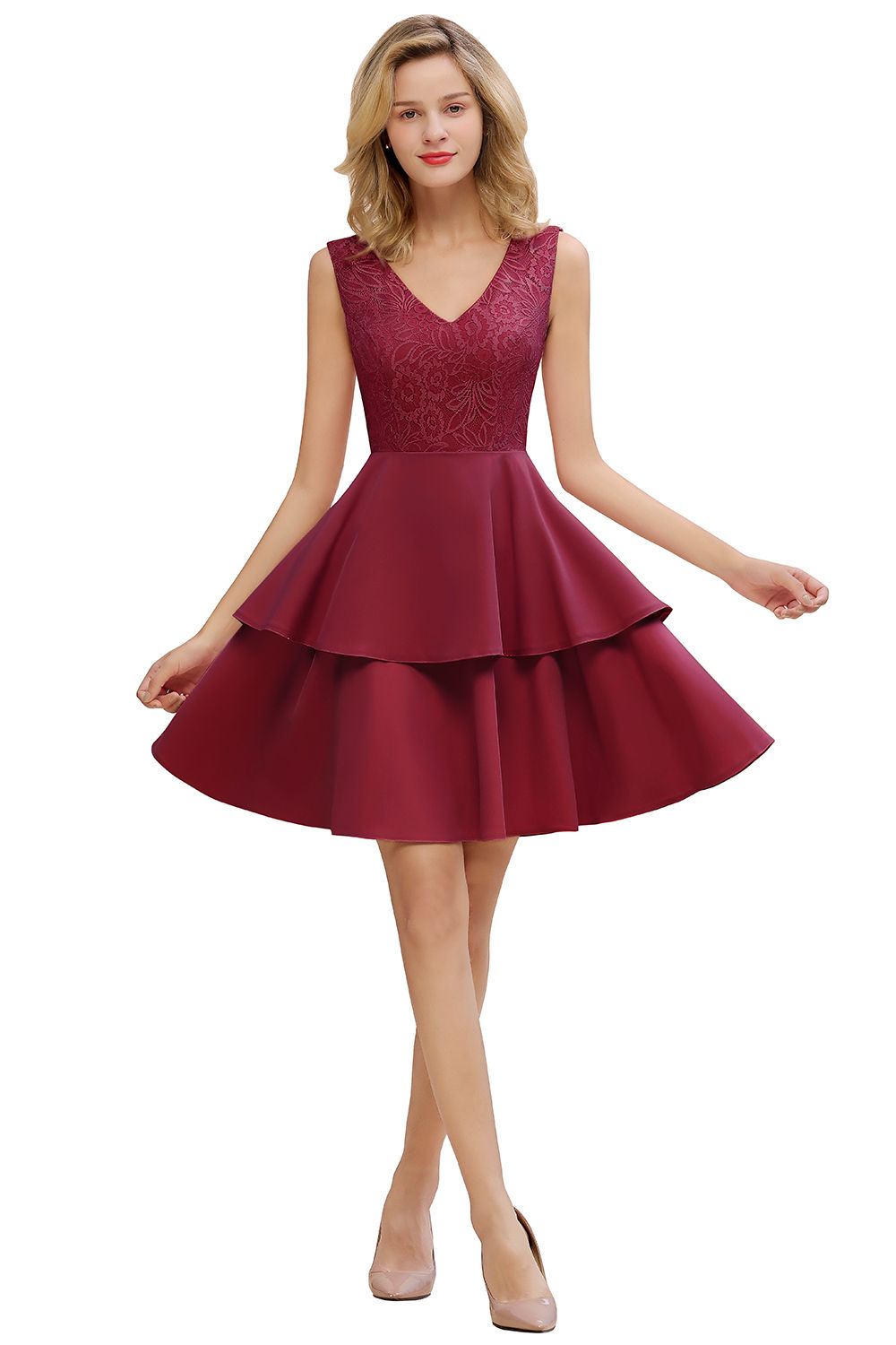 Lovely Sleeveless Lace Short Cocktail Dresses Mini Party Gowns With Two Layers