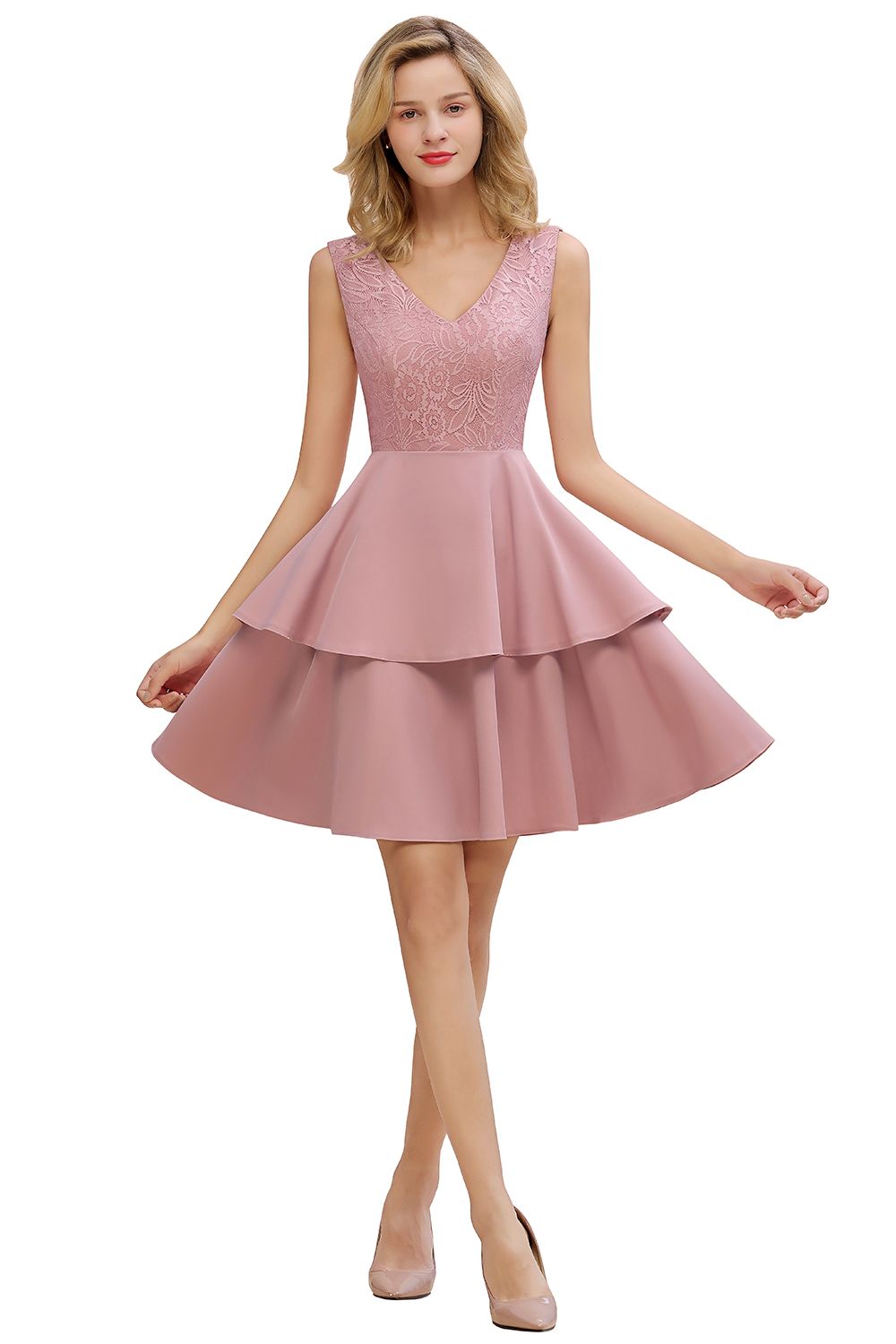 Lovely Sleeveless Lace Short Cocktail Dresses Mini Party Gowns With Two Layers