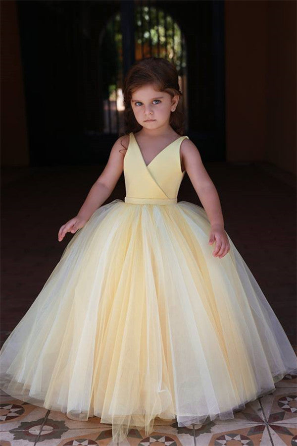 Lovely Yellow V-Neck Flower Girl Dresses | Sleeveless Tulle Pageant Dresses BC0848