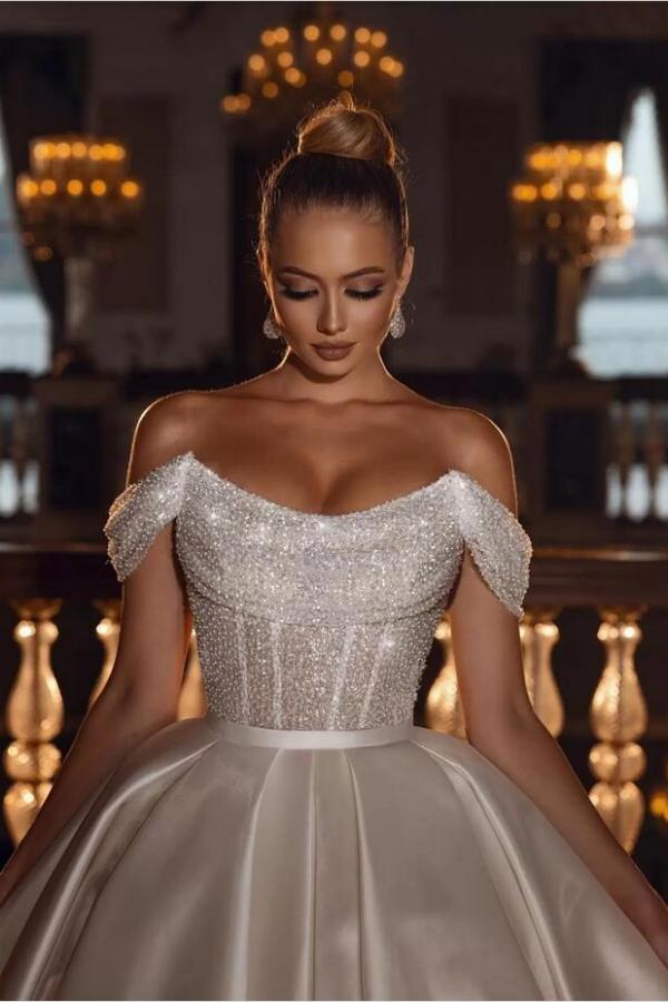 Luxurious A-Line Off-the-Shoulder Sparkly Sequins Ball Gown Beadings Wedding Dresses