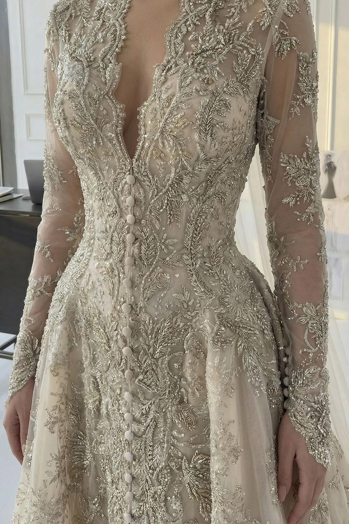 Luxurious A Line V Neck Champagne Long Party Dress With Appliques Lace Formal Evening Gown