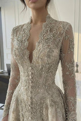 Luxurious A Line V Neck Champagne Long Party Dress With Appliques Lace Formal Evening Gown