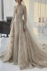 Suzhoufashion A Line V Neck Champagne Long Wedding Dress With Appliques Lace Bridal Gown