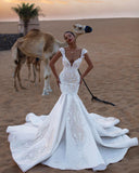 Luxurious Cap Sleeves V-Neck Ruffles Wedding Dresses | Mermaid Appliques Long Bridal Gown
