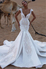 Luxurious Cap Sleeves V-Neck Ruffles Wedding Dresses | Mermaid Appliques Long Bridal Gown