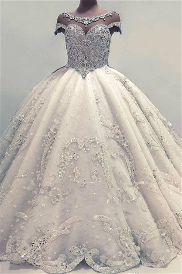 Luxurious Crew Cap Sleeves Ball Gown Crystals Wedding Dresses | Appliques Beading Long Bridal Gown