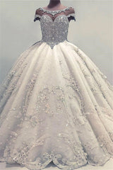 Luxurious Crew Cap Sleeves Ball Gown Crystals Wedding Dresses | Appliques Beading Long Bridal Gown