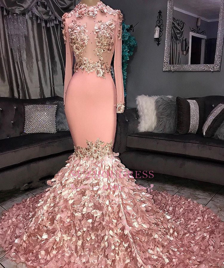 Luxurious Crew Long Sleeves Mermaid Appliques Prom Dresses | Sweep Train Ruffles Evening Gown On Sale BC1046