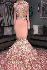Luxurious Crew Long Sleeves Mermaid Appliques Prom Dresses | Sweep Train Ruffles Evening Gown On Sale BC1046
