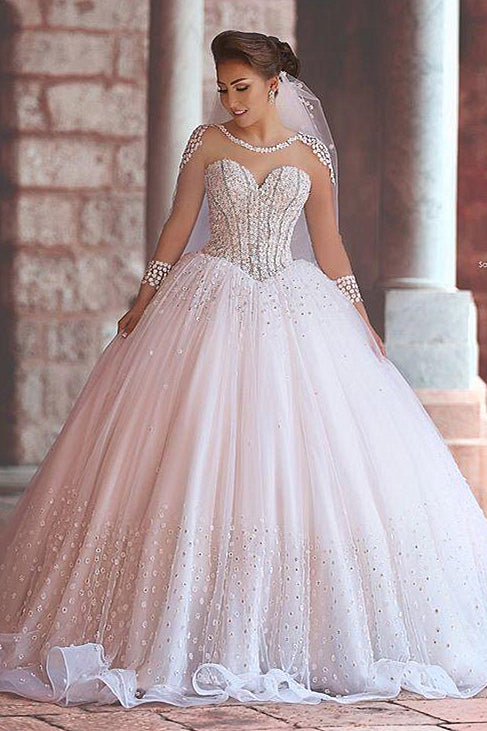 Luxurious Long Sleeve Sheer Tulle Wedding Dresses Beadings Ball Gown Bridal Dresses