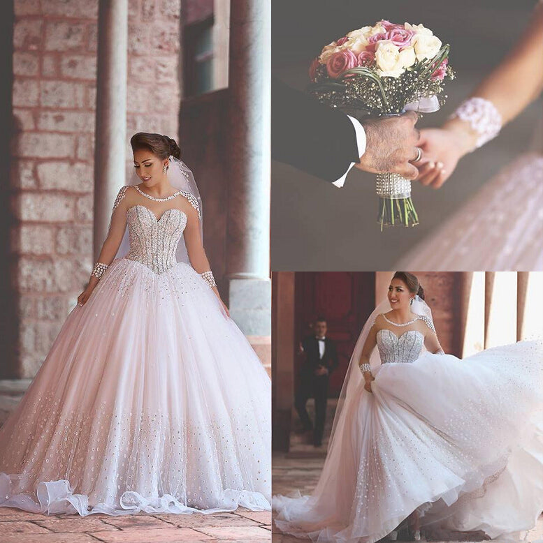 Luxurious Long Sleeve Sheer Tulle Wedding Dresses Beadings Ball Gown Bridal Dresses