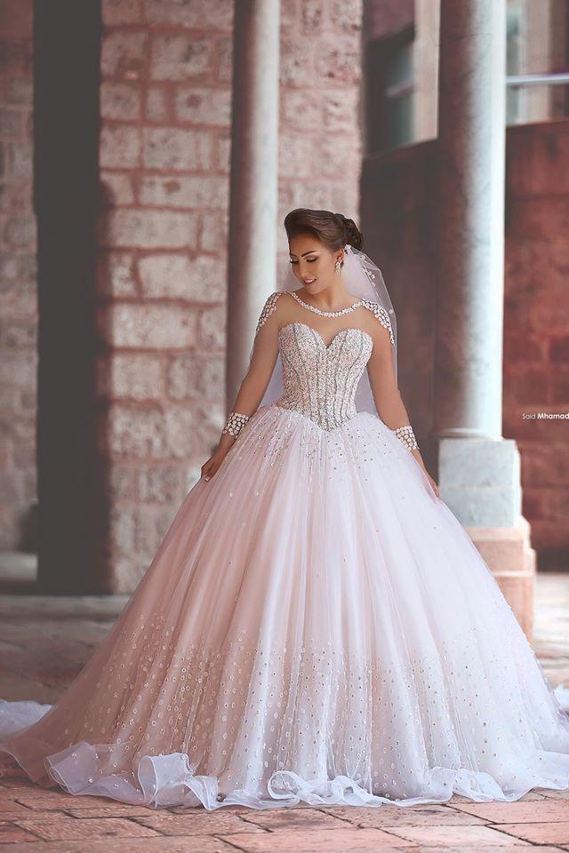 Luxurious Long Sleeve Sheer Tulle Wedding Dresses Beadings Ball Gown Bridal Dresses