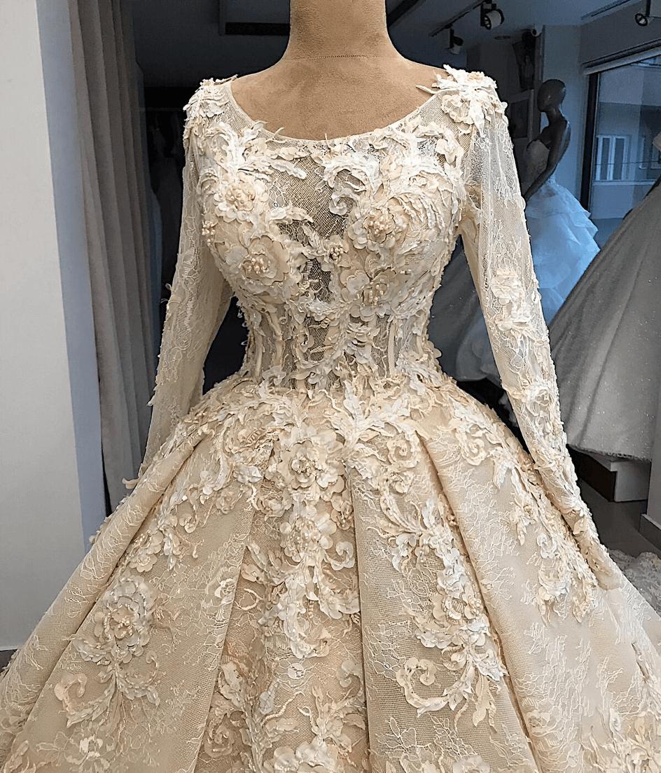 Luxurious Long Sleeves Crew Ball Gown Wedding Dresses | Appliques Overskirt Zipper Bridal Gown