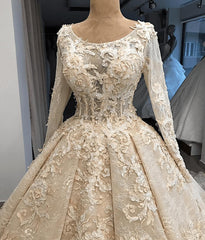 Luxurious Long Sleeves Crew Ball Gown Wedding Dresses | Appliques Overskirt Zipper Bridal Gown