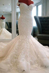 Luxurious Off the Shoulder Mermaid Wedding Dress with Beadings Sexy Court Train Lace Bridal Gown JT139