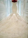 Luxurious Off the Shoulder Mermaid Wedding Dress with Beadings Sexy Court Train Lace Bridal Gown JT139