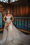 Luxurious Off-the-Shoulder Shinny Crystals Ball Gown with Front Slit Chapel Train