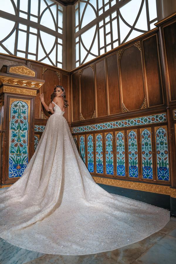 Luxurious Off-the-Shoulder Shinny Crystals Ball Gown with Front Slit Chapel Train