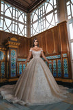 Luxurious Off-the-Shoulder Shinny Crystals Ball Gown with Front Slit Chapel Train