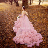 Luxurious Pink Organza Court Train Wedding Dresses Unique Custom Made Lace-Up Formal Bridal Gowns