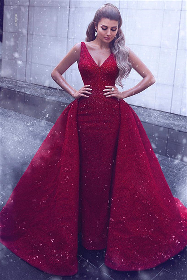 Luxurious Red Overskirt Sleeveless Evening Gown | V-Neck Sheath Charming Prom Dresses On Sale