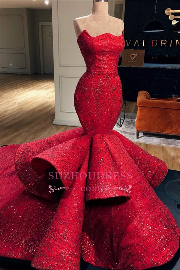 Luxurious Strapless Sleeveless Ruffles Prom Dresses | Mermaid Sexy Beads Evening Gowns BC0888