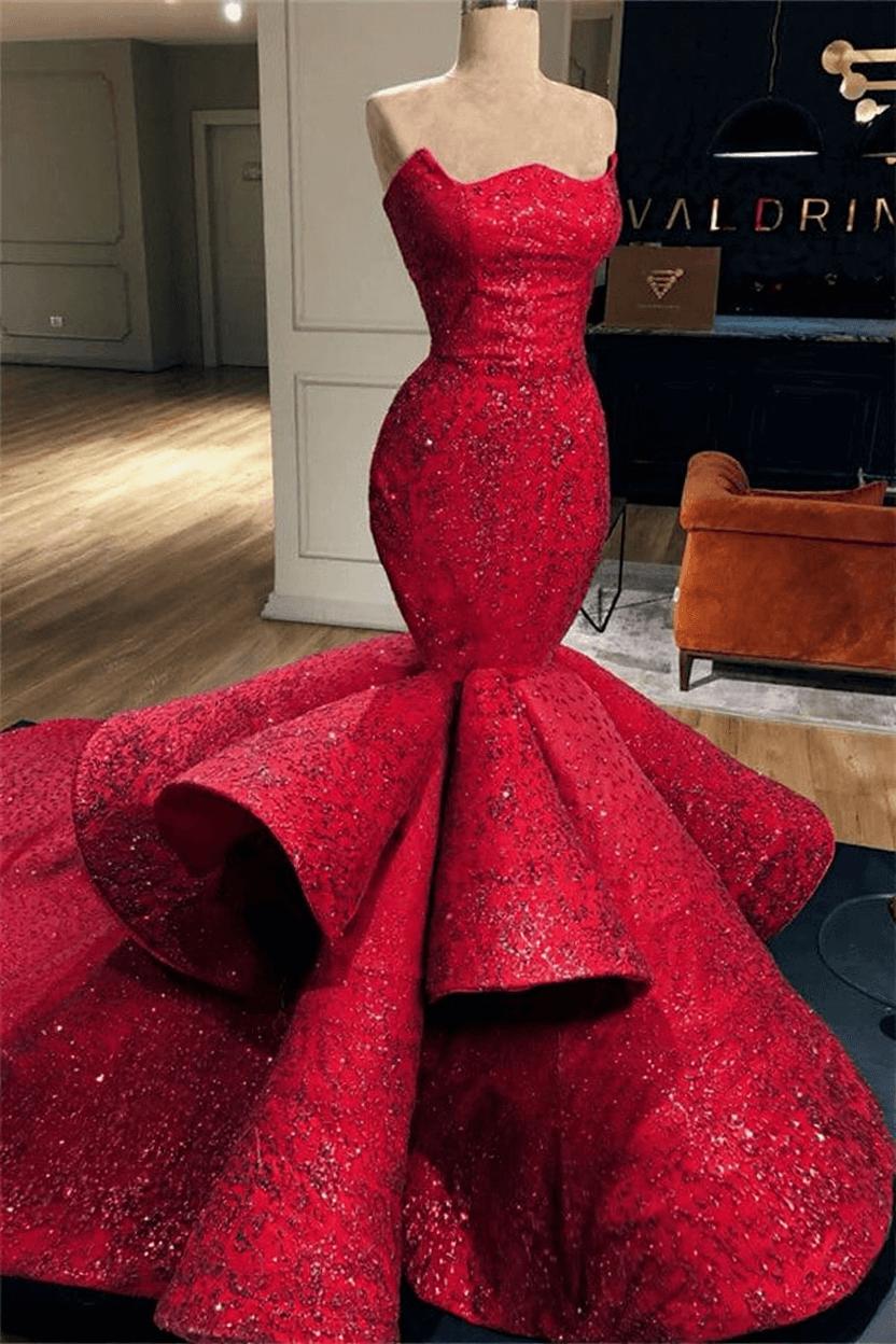 Luxurious Strapless Sleeveless Ruffles Prom Dresses | Mermaid Sexy Beads Evening Gowns BC0888