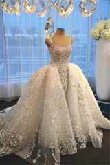 Luxurious Straps Overskirt Sleeveless Wedding Dresses Appliques Ball Gown Bride Dress