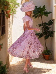 Luxurious V Neck A Line Tea Length Mother of the Bride Dress with Bow & Embroidery