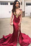 Luxurious V-Neck Sleeveless Front Split Prom Dresses | Burgundy Appliques Mermaid  Evening Dresses