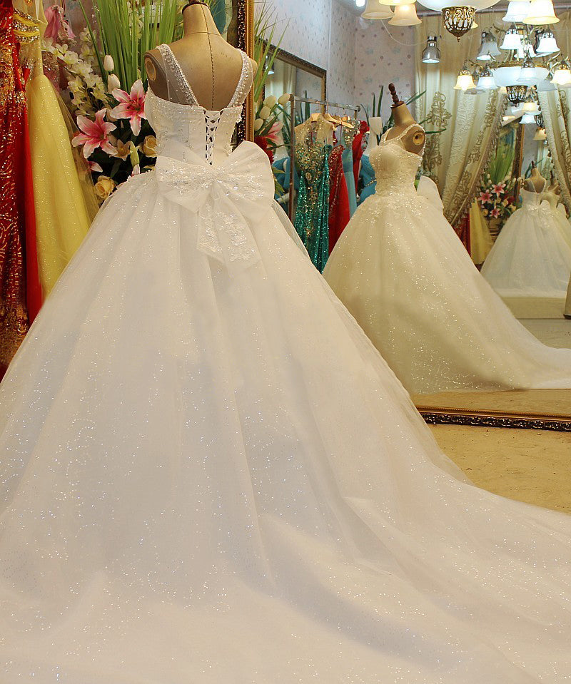 Luxurious White Crystal Ball Gown Wedding Dress Popular Beading Custom Made Long Bridal Gown